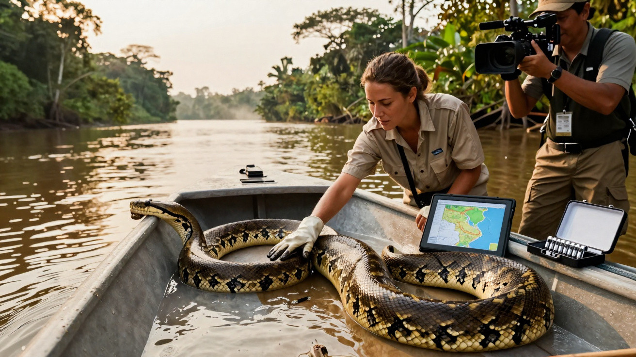 Mulher toca em grande sucuri em barco no rio enquanto homem filma a cena com câmera profissional.