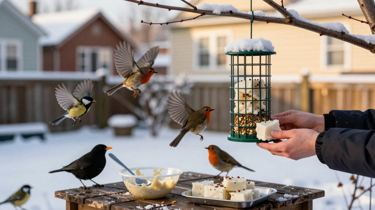 Pássaros voando e pousados perto de alimento em mesa de madeira na neve, com casa ao fundo.