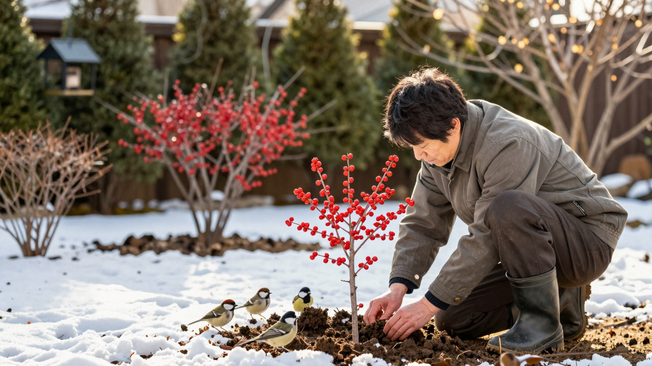 Pessoa agachada plantando arbusto com bagas vermelhas na neve, cercada por quatro pássaros no jardim.