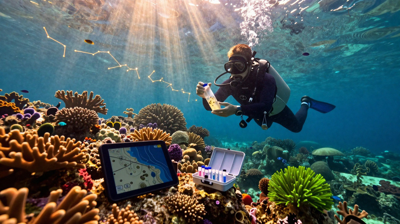 Mergulhador analisando amostras em recife de coral com equipamentos e sol brilhando na superfície do mar.