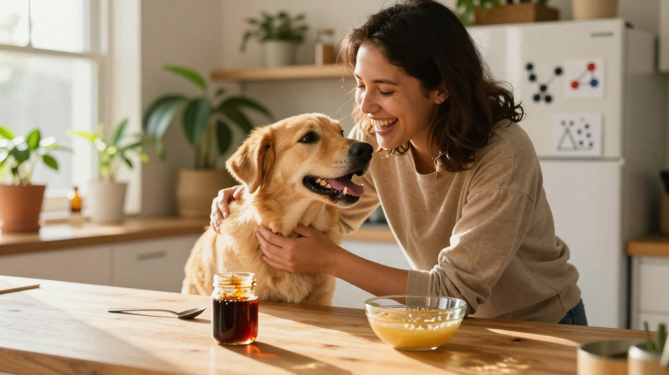 Mulher sorrindo acaricia cachorro golden retriever na cozinha iluminada pela luz natural.