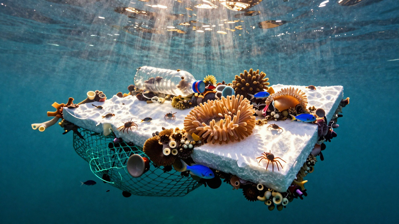 Lixo plástico submerso no oceano com animais marinhos e peixes ao redor, iluminado pela luz do sol.