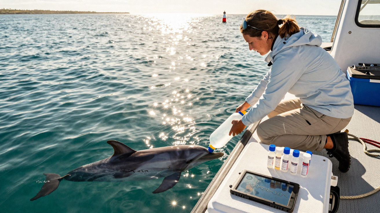Mulher alimenta golfinho com mamadeira enquanto está ajoelhada em um barco no mar.