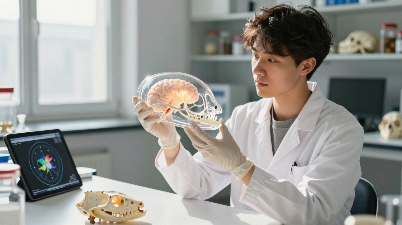 Jovem cientista em laboratório segurando modelo transparente de crânio com cérebro em estudo.