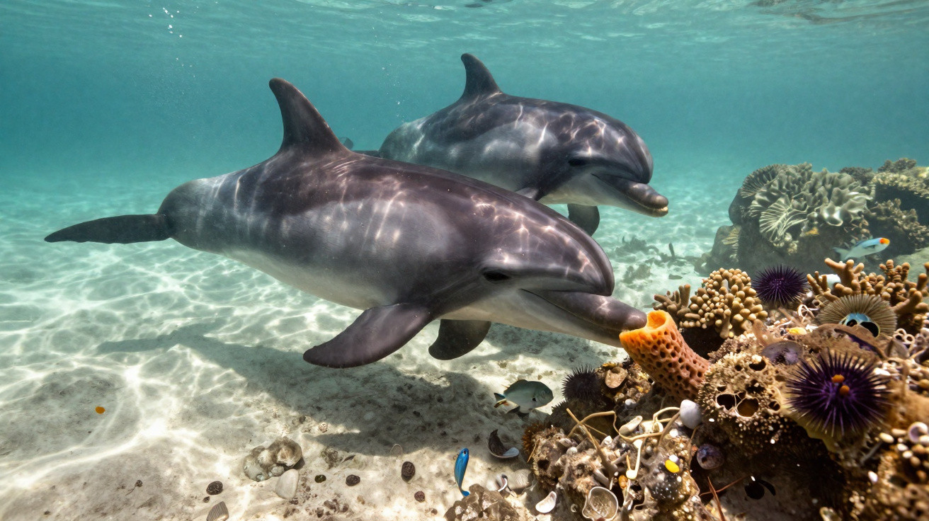 Dois golfinhos nadando perto de um recife de coral com vida marinha colorida em águas claras.