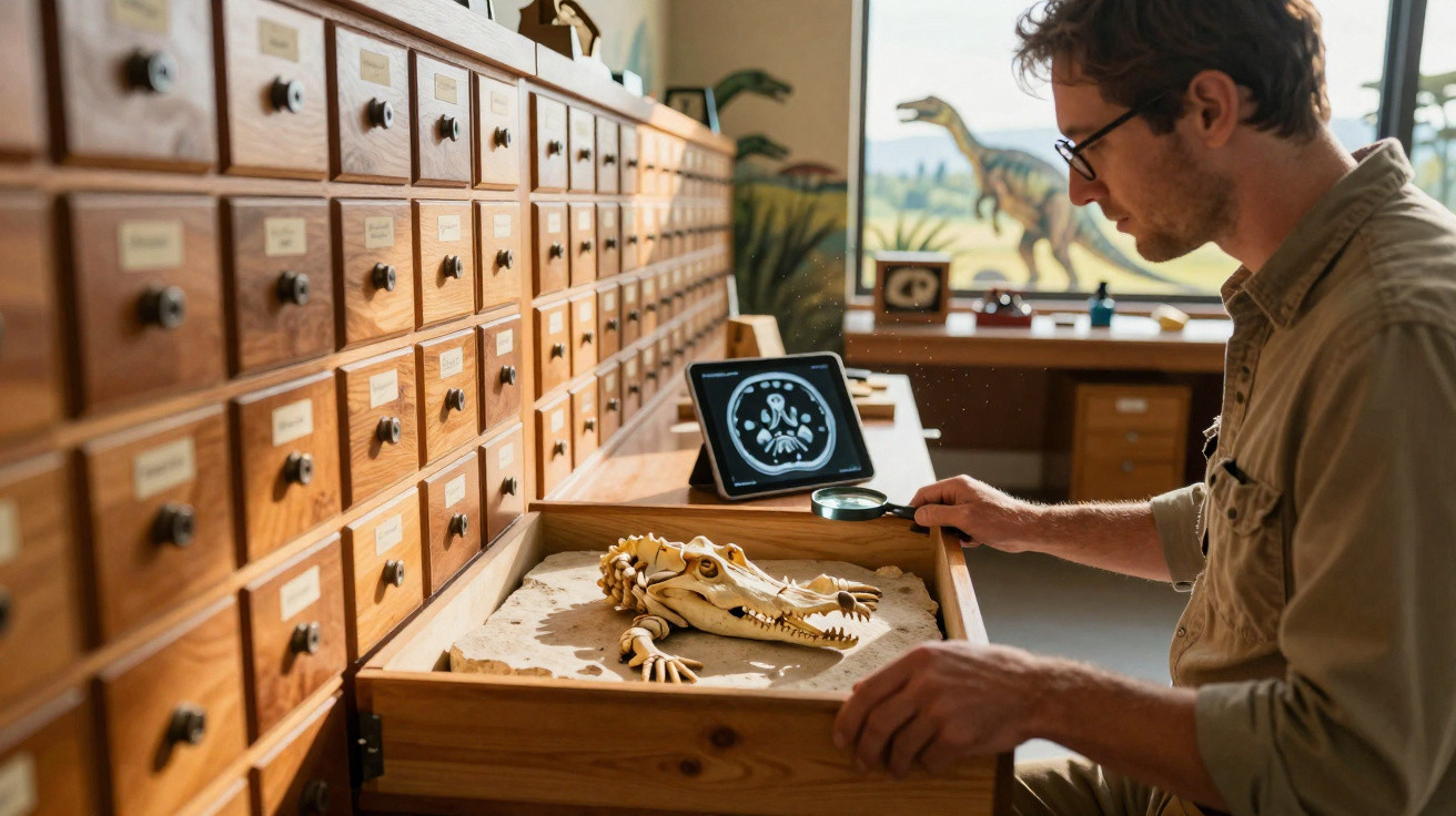 Pesquisador estuda fóssil de crocodilo em gaveta de arquivo em sala com maquetes de dinossauros.