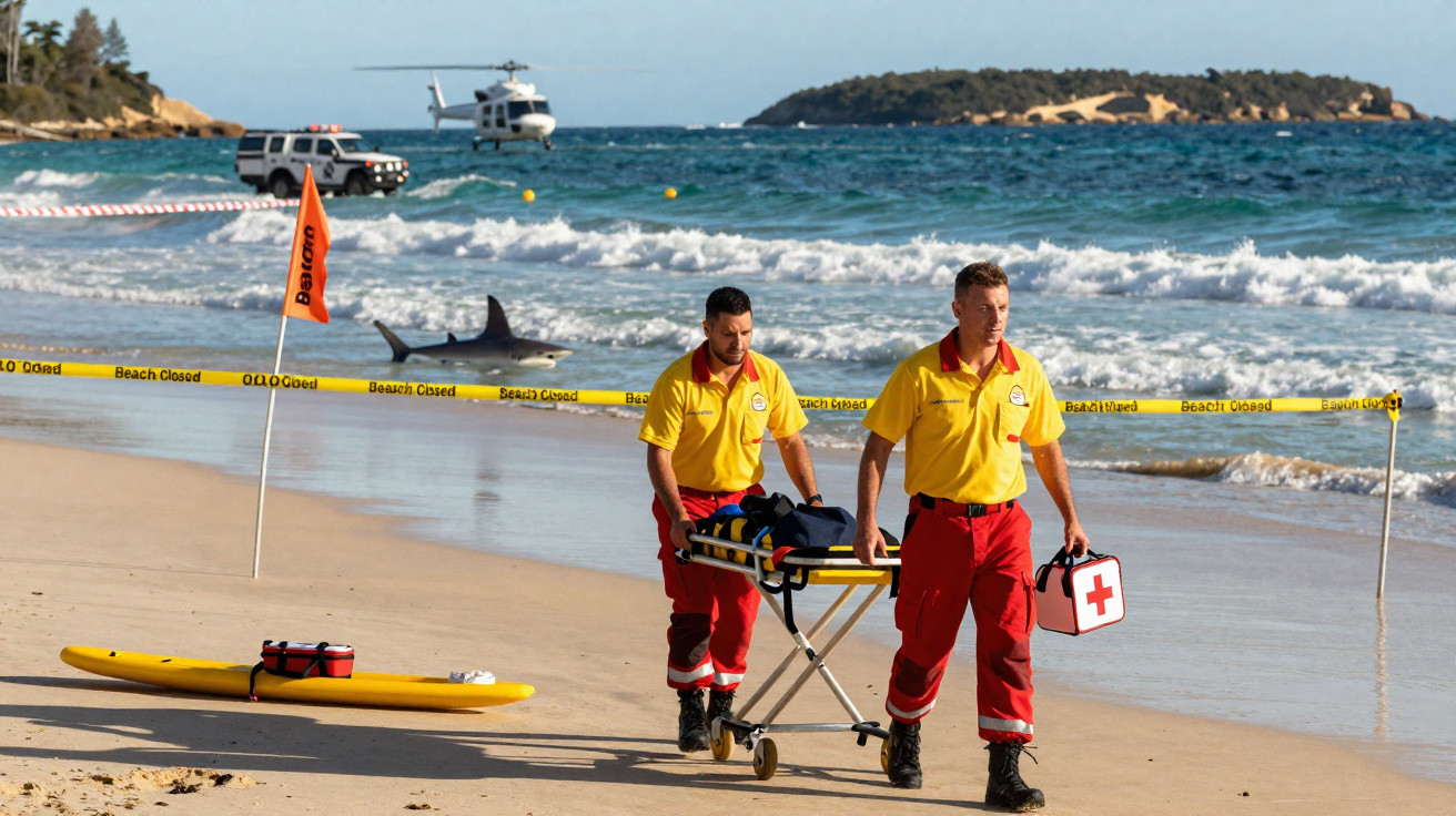 Dois salva-vidas caminham na praia com maca e primeiros socorros; área cercada, tubarão próximo à costa.
