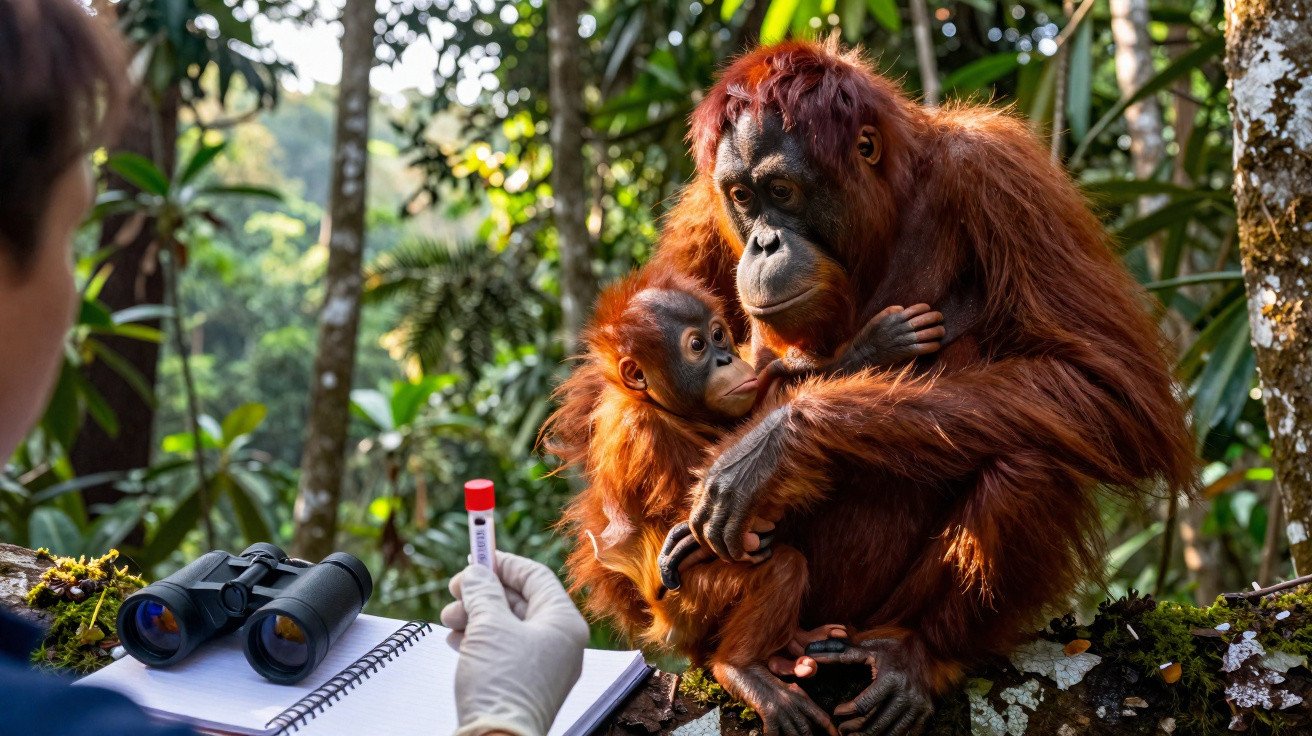 Orangotangos mãe e filhote abraçados na floresta enquanto pesquisador coleta amostra com luva branca.