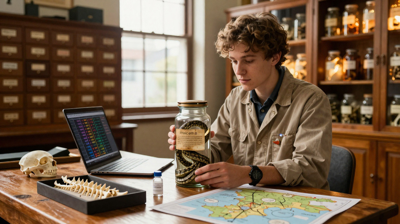 Jovem em laboratório segurando vidro com cobra, ao lado de esqueleto, laptop e mapa sobre mesa de madeira.