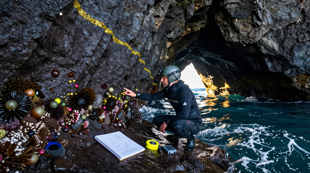 Pessoa com capacete e roupa de mergulho examina ouriços-do-mar em caverna rochosa à beira do mar.