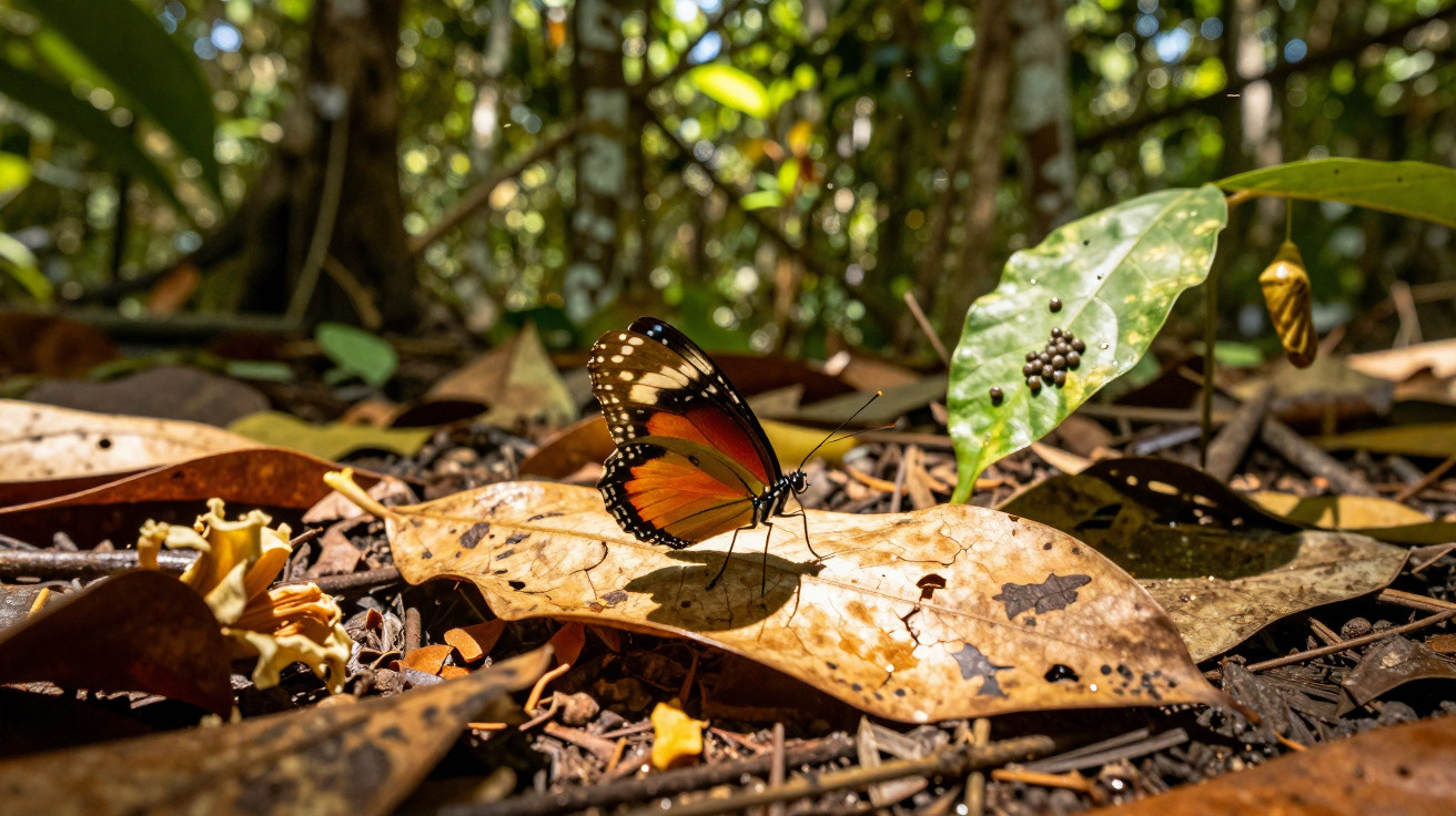 Borboleta alaranjada e preta pousada em folha seca no chão de floresta iluminada pelo sol.