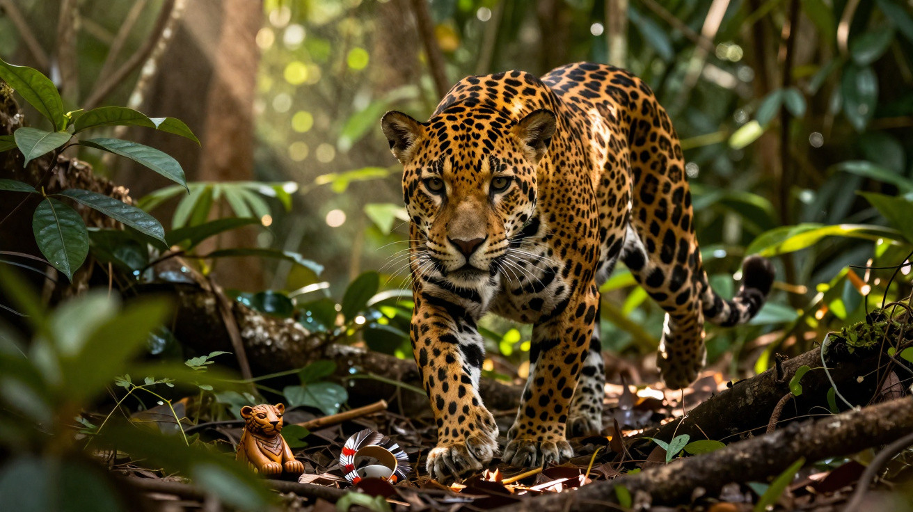 Onça-pintada caminhando na floresta com pequeno brinquedo de tigre no chão.