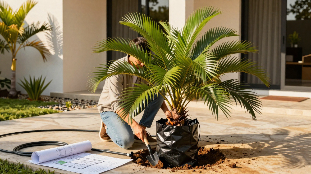 Pessoa plantando palmeira em área externa de casa com projeto arquitetônico ao lado no chão.