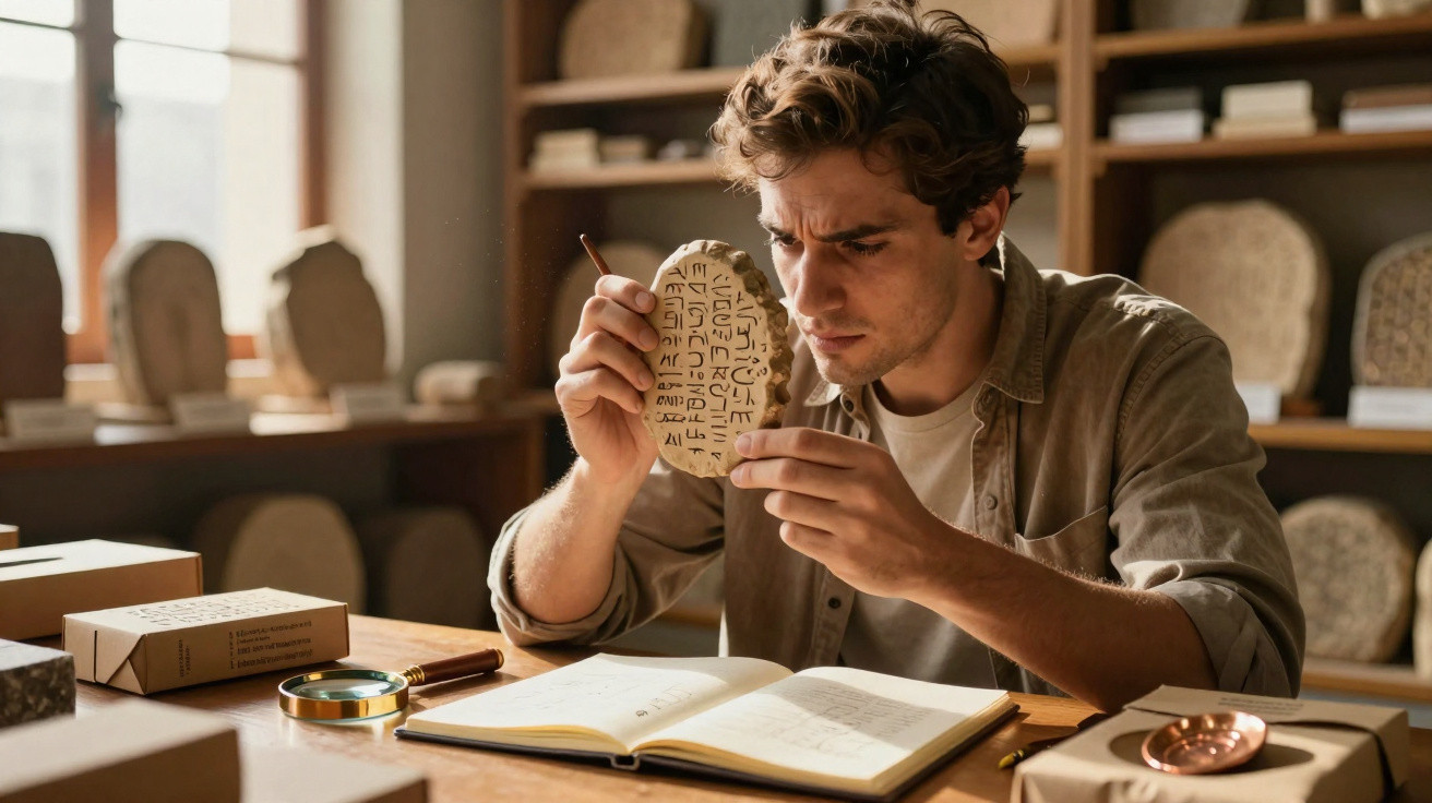 Jovem estudando uma tábua antiga com símbolos, em uma sala cheia de artefatos arqueológicos.