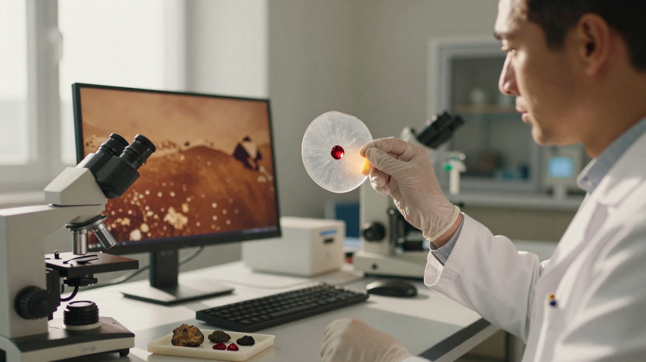Cientista em laboratório analisando uma pedra vermelha usando luvas e equipamentos científicos.