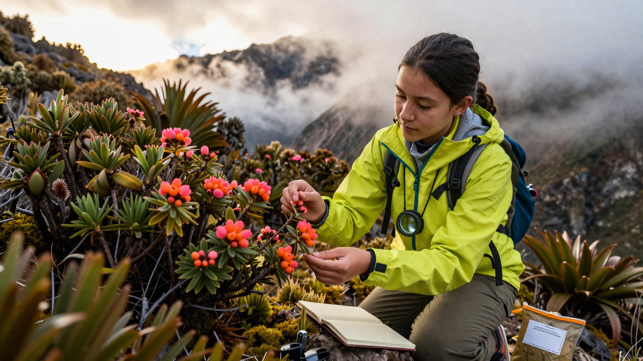 Jovem mulher de jaqueta verde analisa flores alaranjadas em área montanhosa com caderno aberto ao lado.