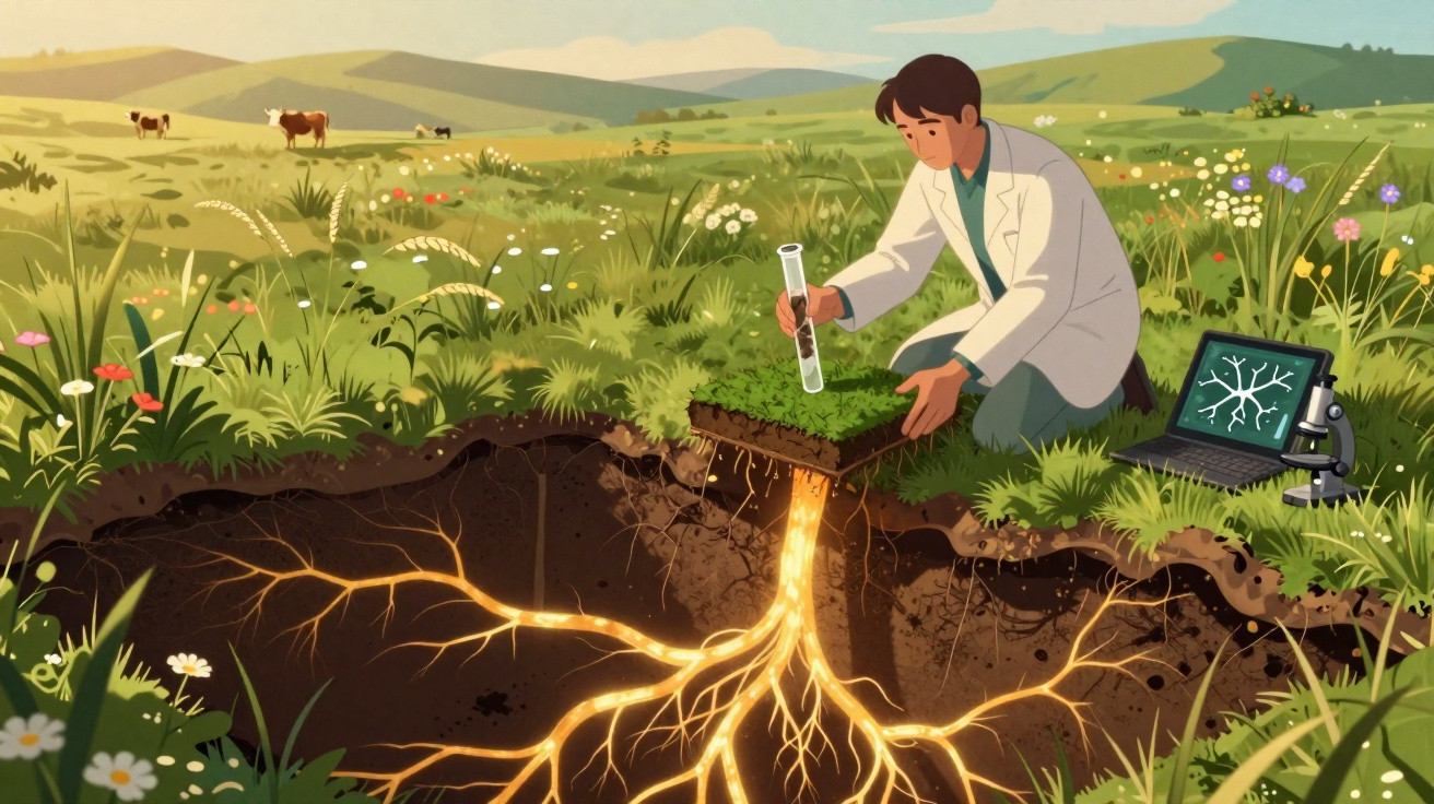Cientista analisa amostra de solo em campo, mostrando raízes iluminadas e laptop com imagem científica.
