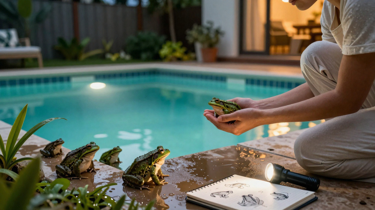 Pessoa ajoelhada ao lado de piscina segurando um sapo com várias rãs alinhadas e caderno de desenhos.