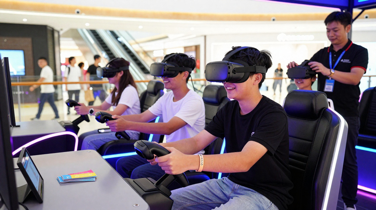 Jovens usando óculos de realidade virtual em simuladores de corrida em evento tecnológico.