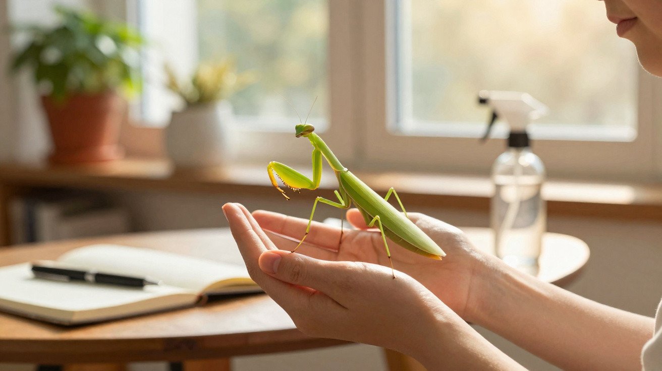 Pessoa segurando um louva-a-deus verde com um livro aberto e plantas ao fundo em ambiente iluminado.