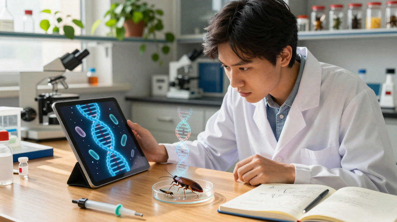 Jovem cientista analisa DNA de insetos em petri dish com tablet exibindo hélice de DNA em laboratório.