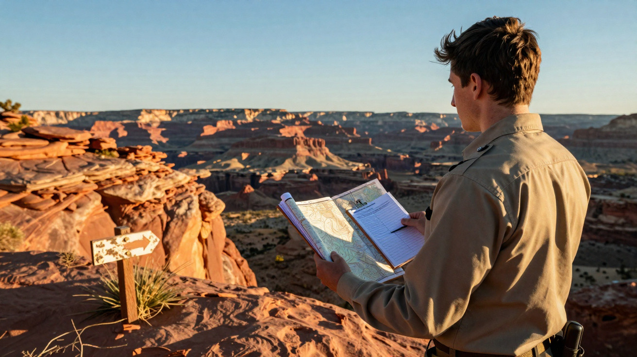 Homem em uniforme observa mapa e anota em caderno em penhasco com vistas de cânion ao entardecer.