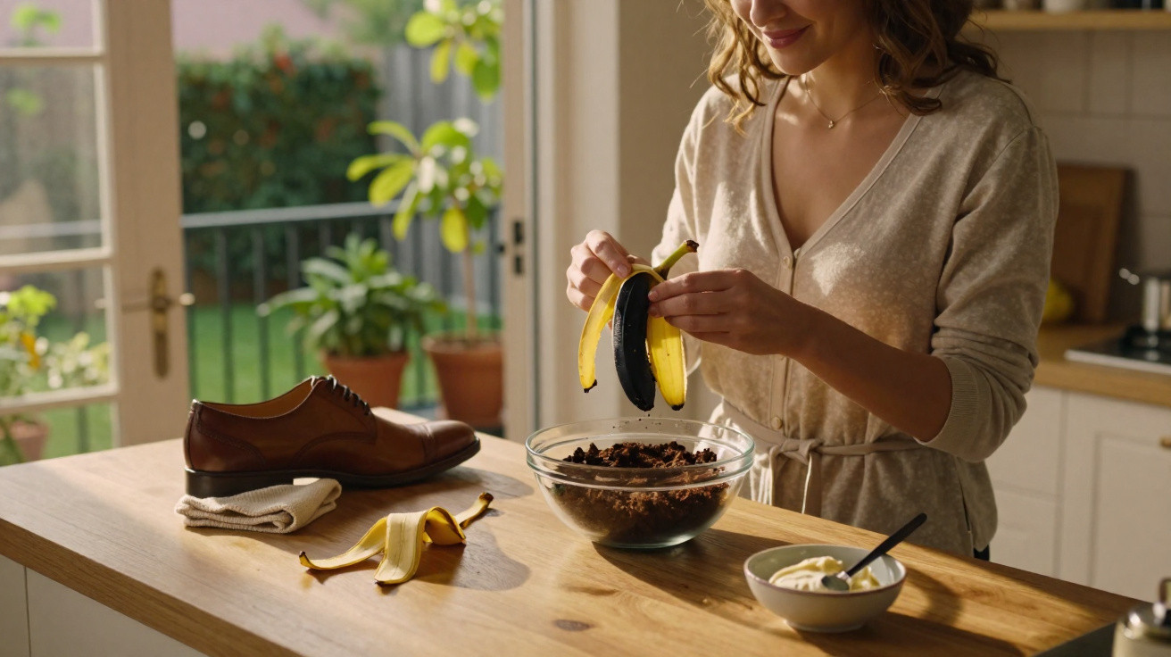 Mulher descascando banana madura em cozinha com sapato social sobre a mesa de madeira.