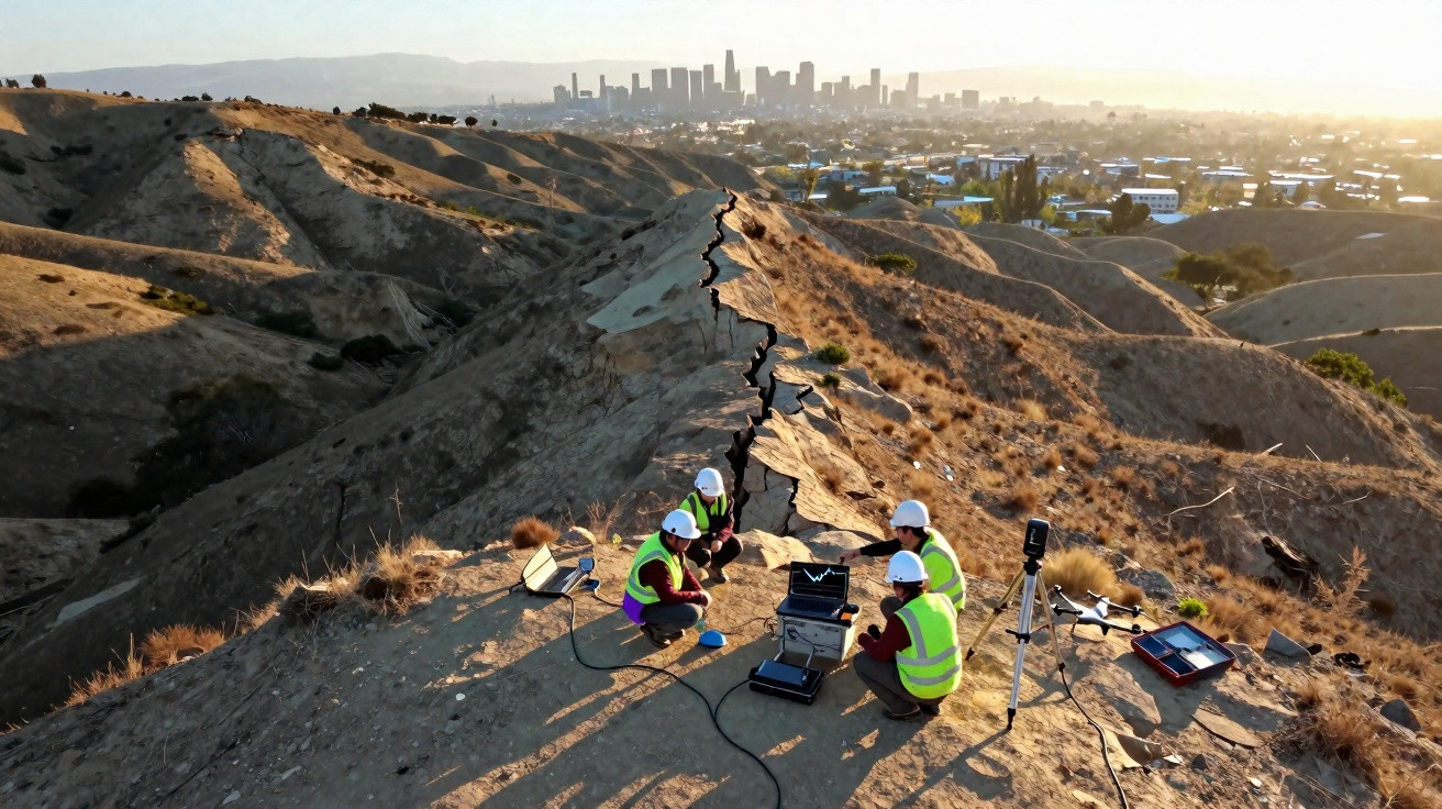Engenheiros analisam rachadura em terreno seco próximo a área urbana ao entardecer.
