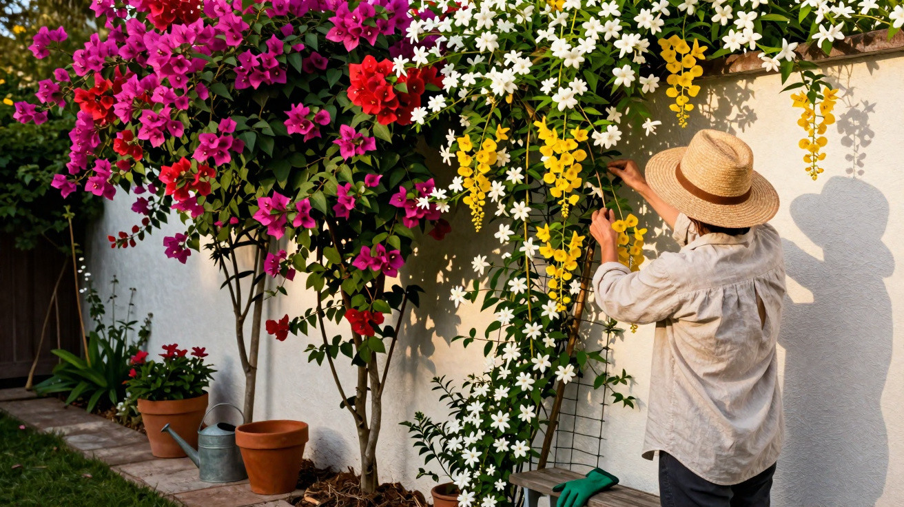 Pessoa com chapéu cuidando de flores brancas, amarelas e roxas em jardim ao lado de muro branco.