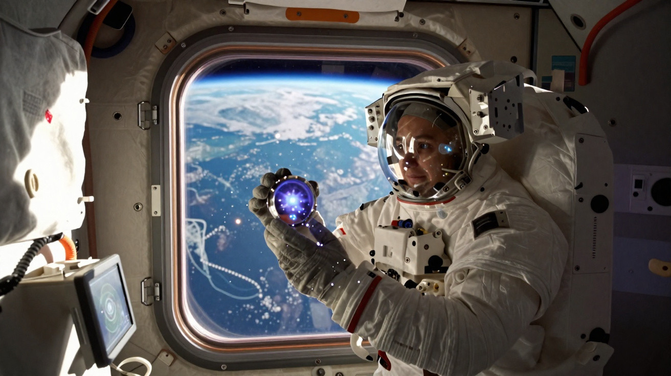 Astronauta dentro da estação espacial observando objeto luminoso com a Terra ao fundo pela janela.
