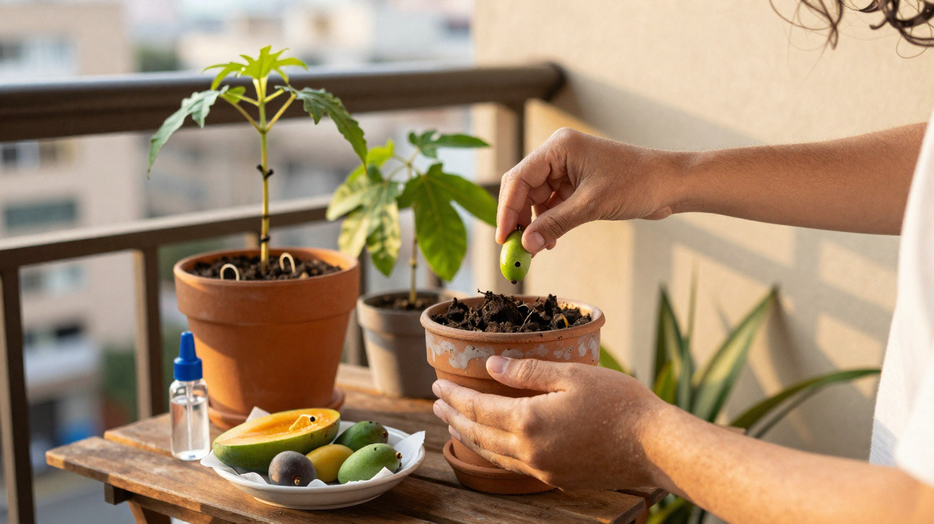 Pessoa plantando semente de árvore em vaso, com outros vasos e frutas em prato sobre mesa de madeira.