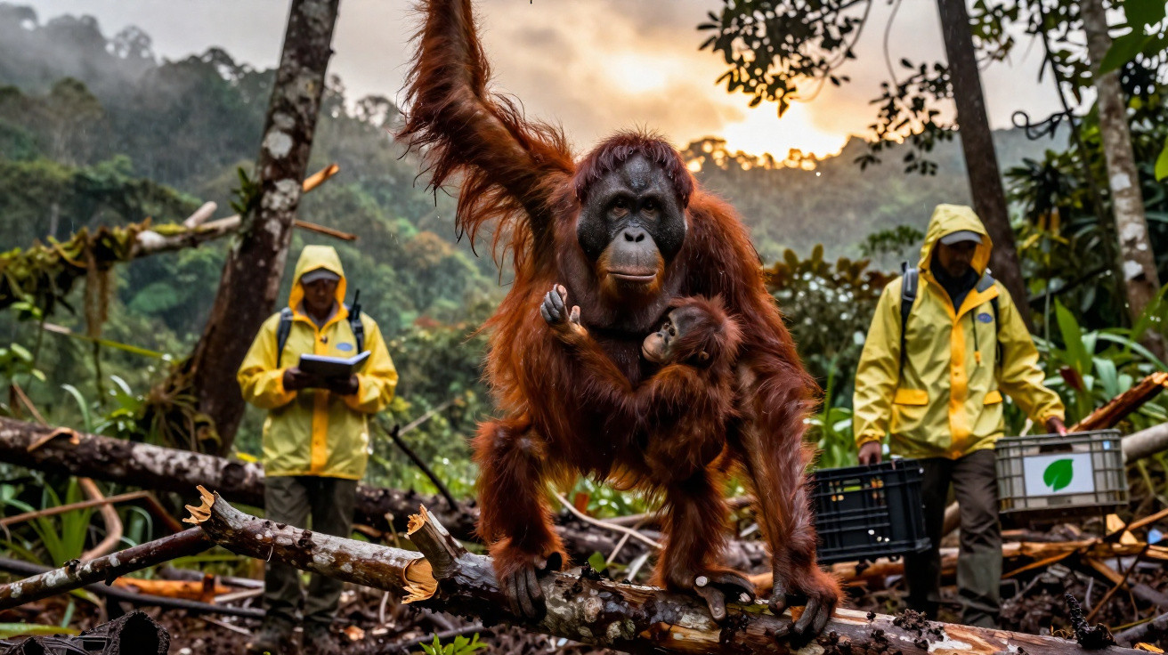 Orangotango adulto com filhote no braço em floresta, com duas pessoas de capa amarela ao fundo.