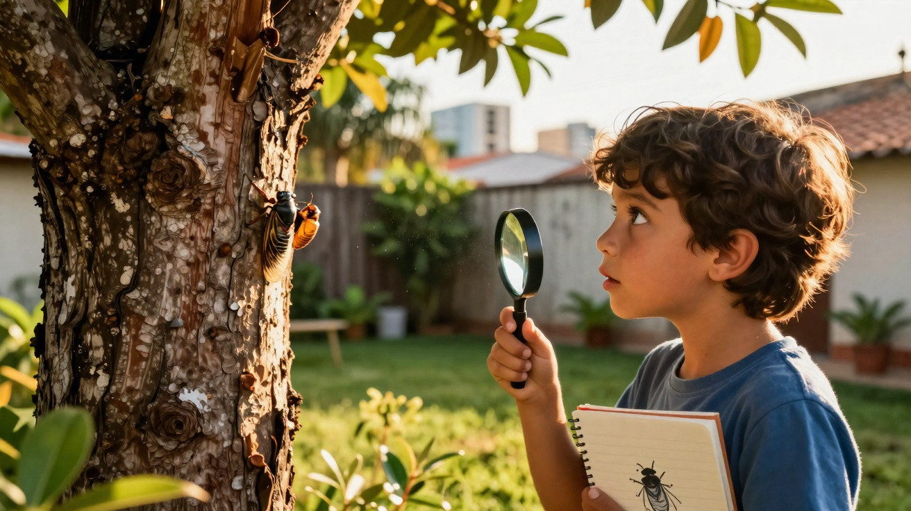 Criança observa insetos em árvore com lupa e caderno em jardim ensolarado.
