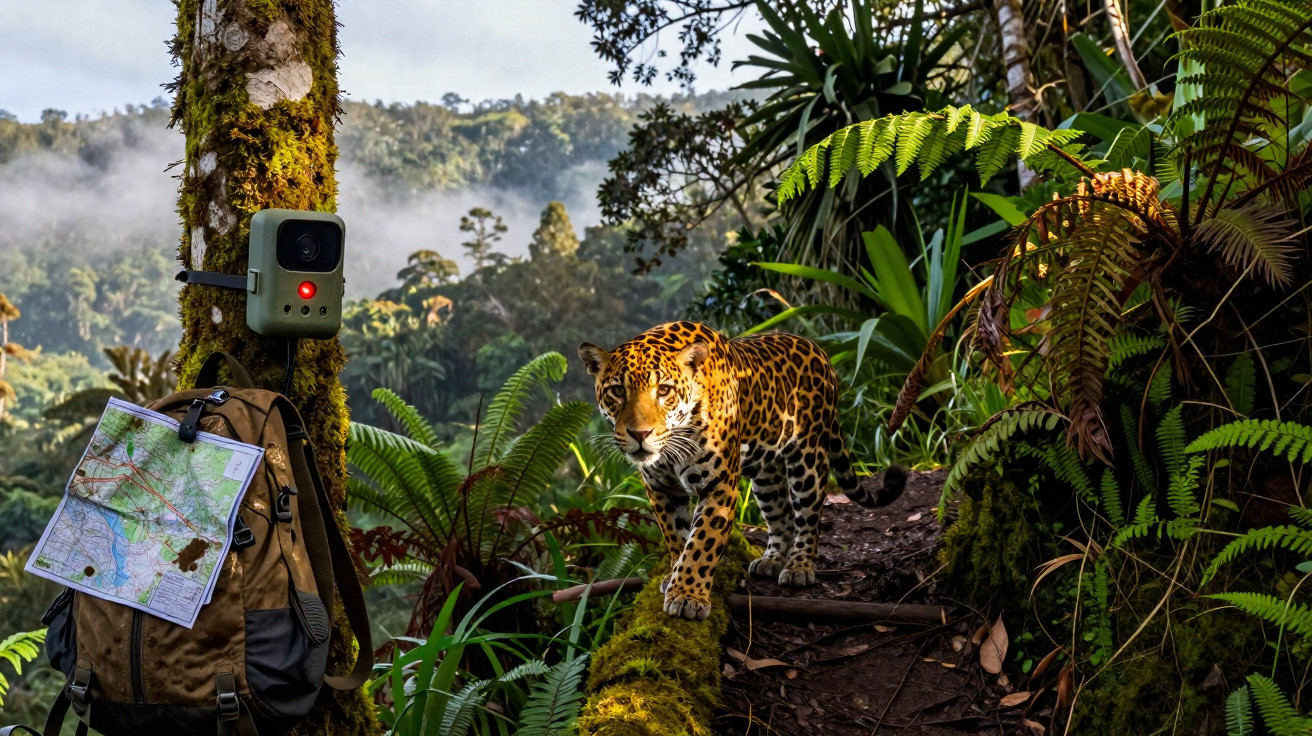 Onça-pintada caminhando na floresta tropical próxima a mochila com câmera e mapa pendurado em árvore.
