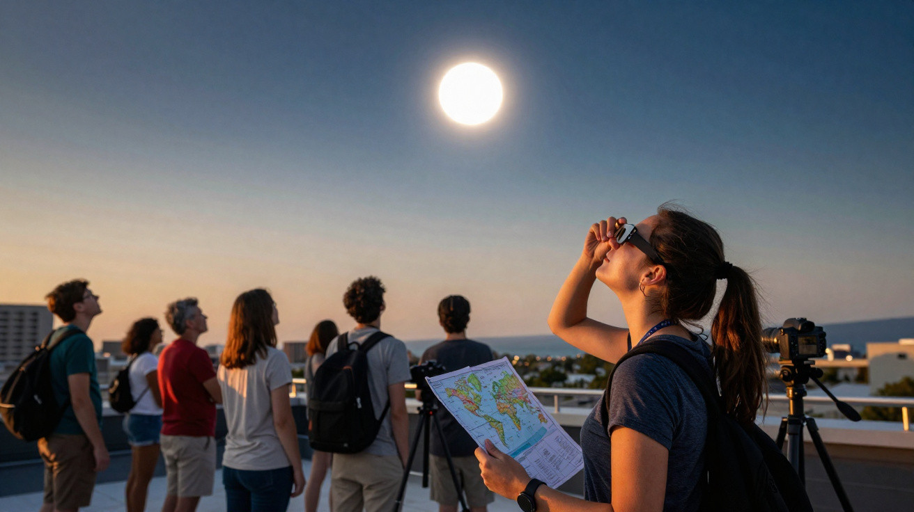 Grupo de pessoas observando eclipse solar com óculos especiais em terraço durante pôr do sol.
