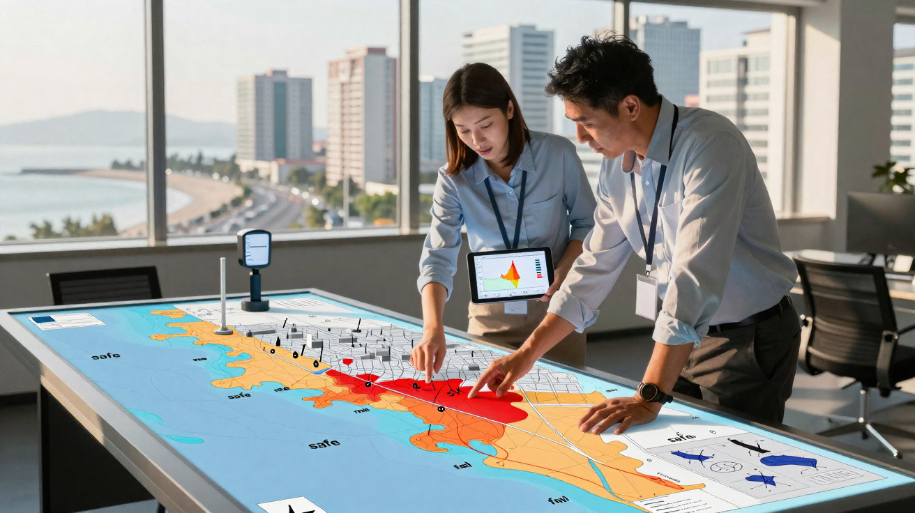 Duas pessoas analisando mapa digital de risco e plano urbano em mesa interativa em escritório com vista para cidade.