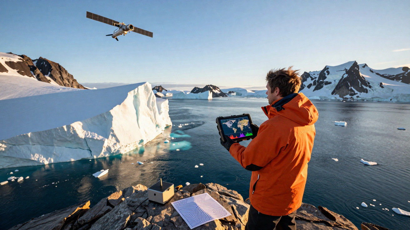 Pesquisador em jaqueta laranja usa tablet na Antártida com satélite e iceberg ao fundo.