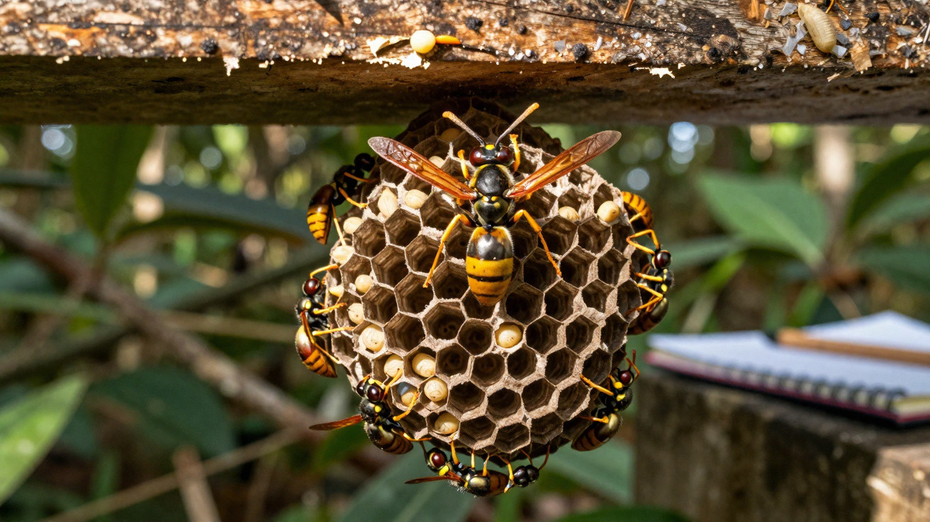 Ninho de vespas com células hexagonais e várias vespas em uma árvore ao ar livre.