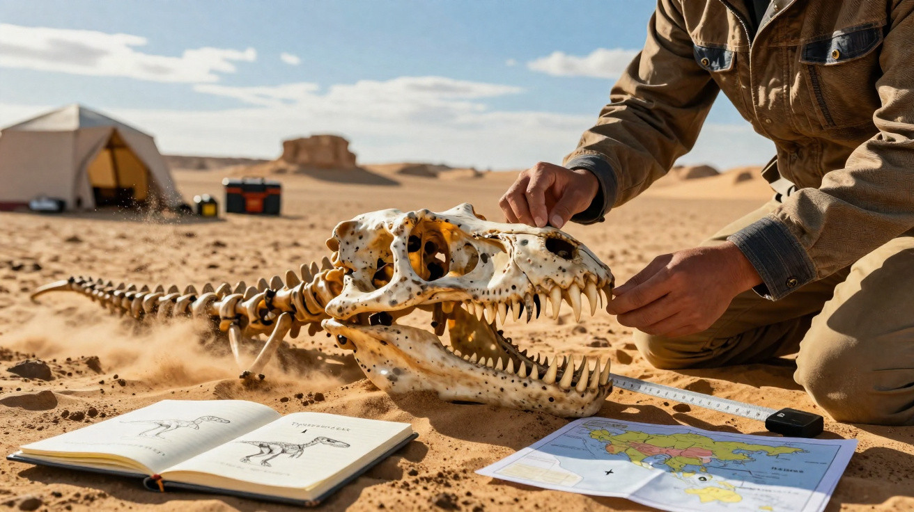 Pesquisador mede crânio de fóssil grande em deserto com livro e mapa abertos no chão.