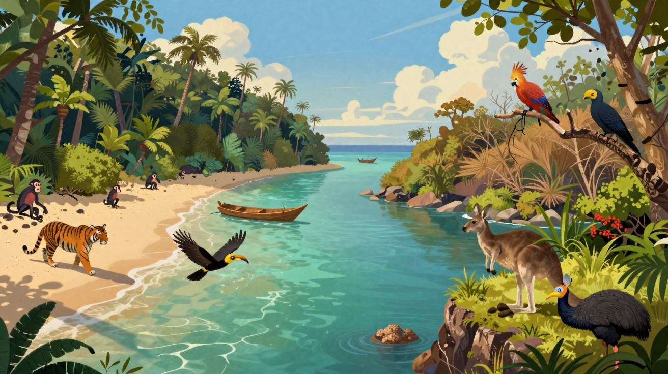 Rio em floresta tropical com animais como tucano, onça, macacos e pássaros coloridos.