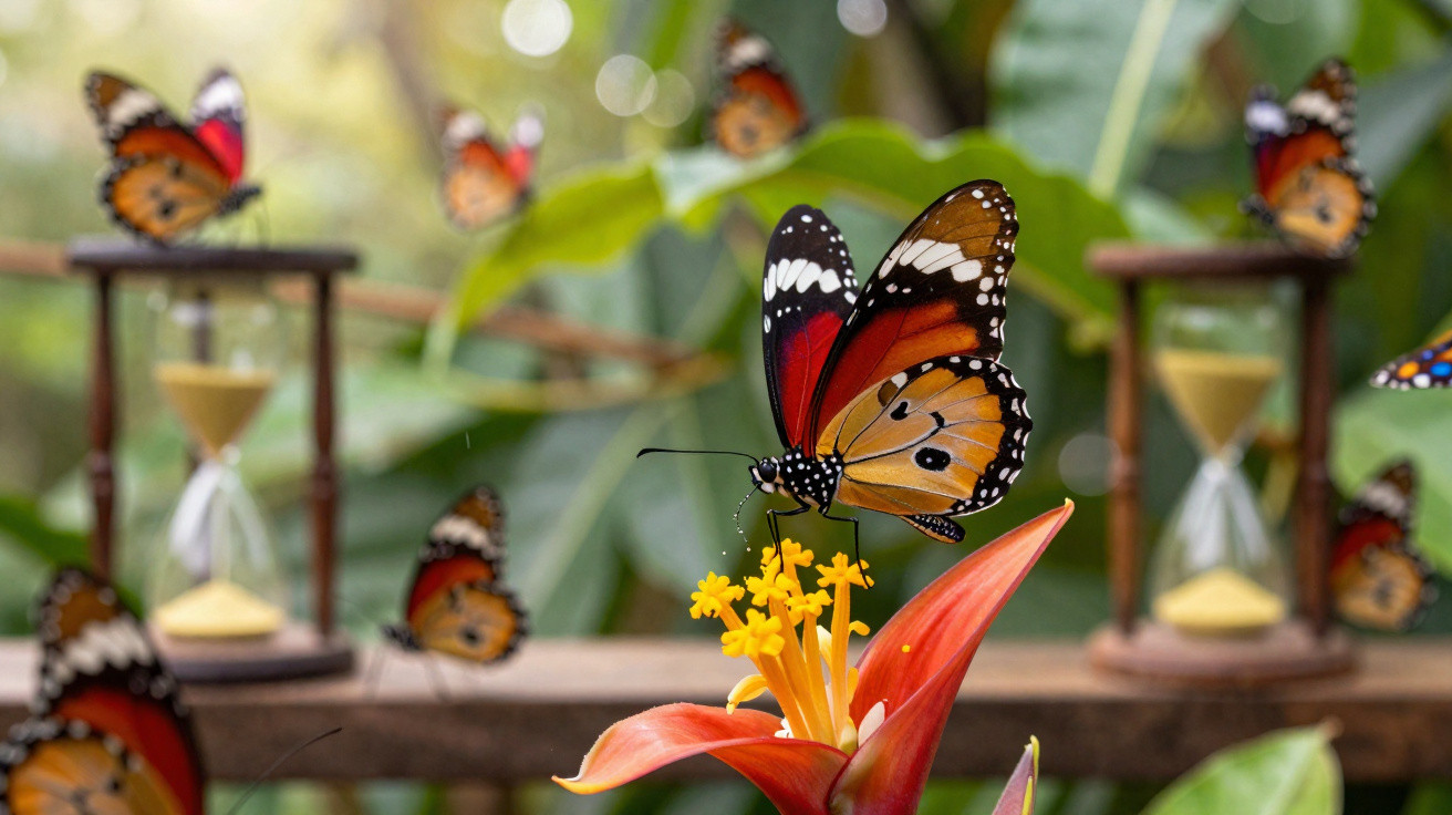 Borboleta colorida pousada em flor vermelha com várias borboletas e ampulhetas desfocadas ao fundo.