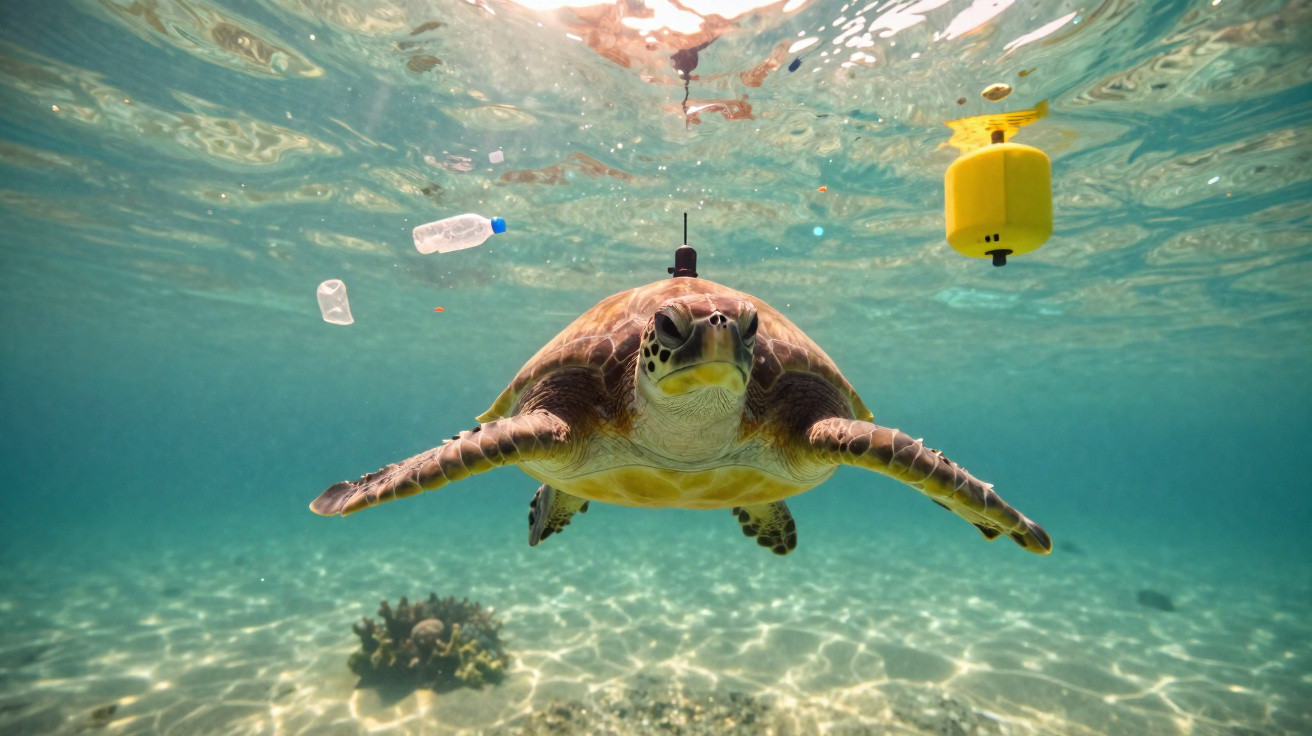 Tartaruga marinha nadando perto da superfície com resíduos plásticos e bóias amarelas no mar.