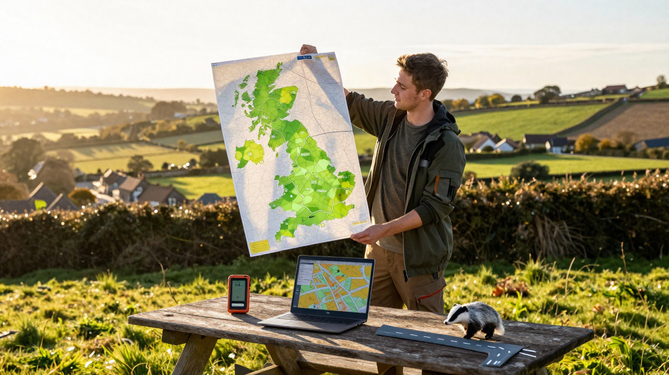 Jovem segurando mapa, com laptop, dispositivo GPS e texugo sobre mesa de madeira ao ar livre.