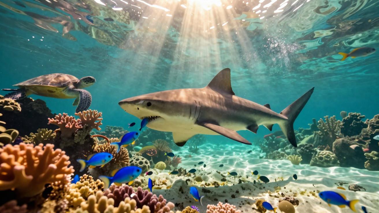 Tubarão nadando em recife de corais coloridos com peixes azuis e tartaruga marinha em águas claras.