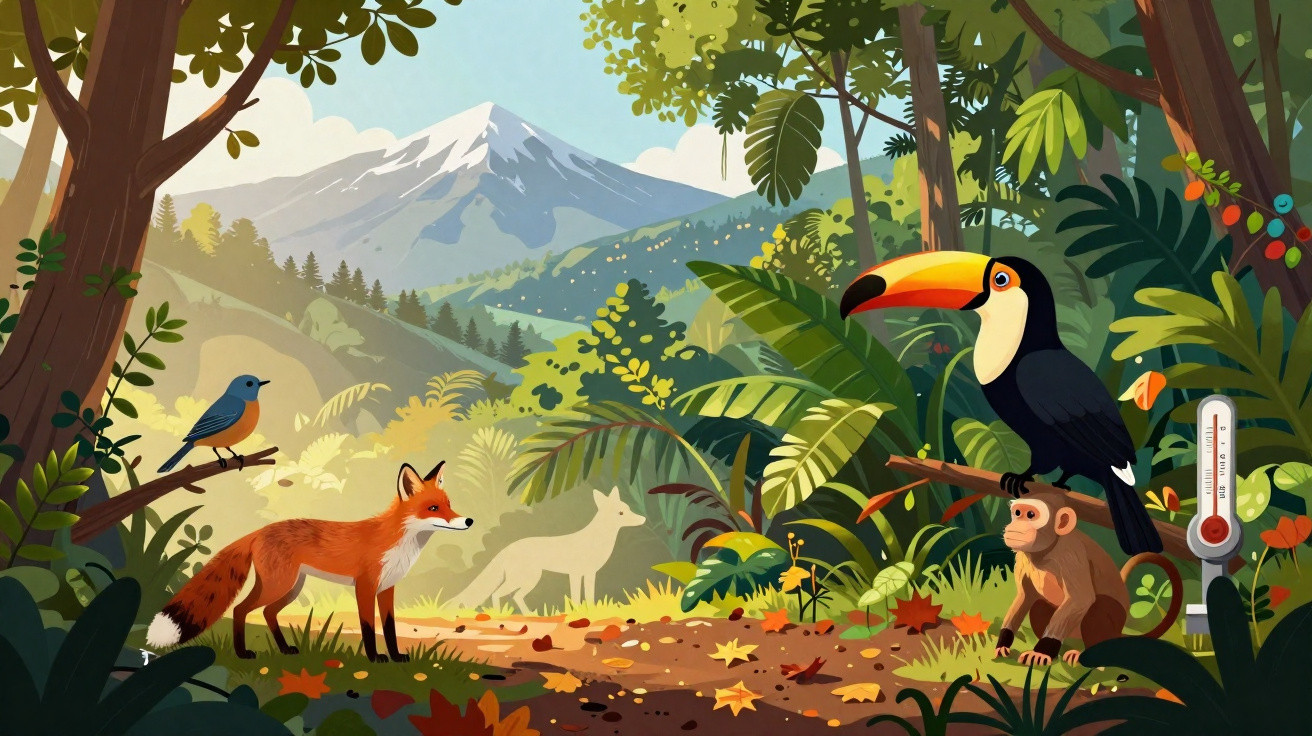 Paisagem de floresta com raposa, tucano, macaco, pássaro e montanha ao fundo em dia ensolarado.