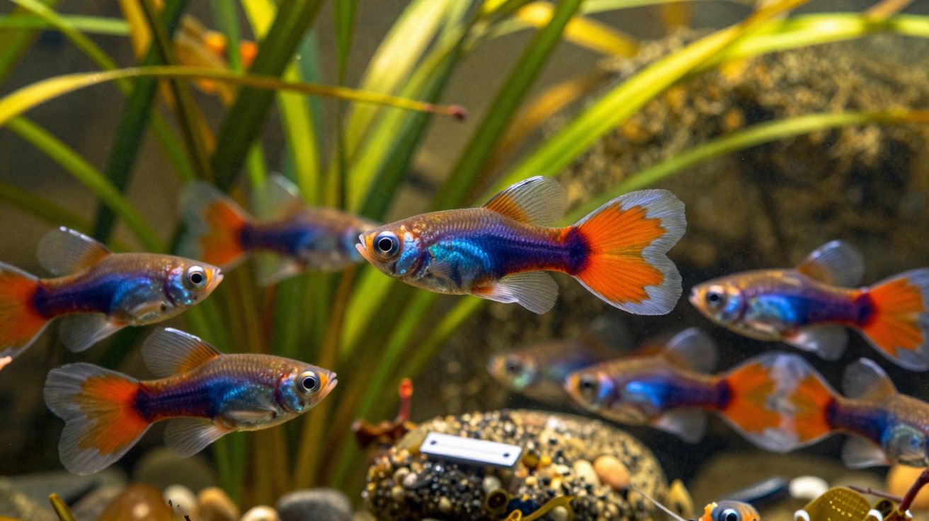 Cardumes de peixes guppy coloridos laranja e azul nadando em aquário com plantas e pedras.