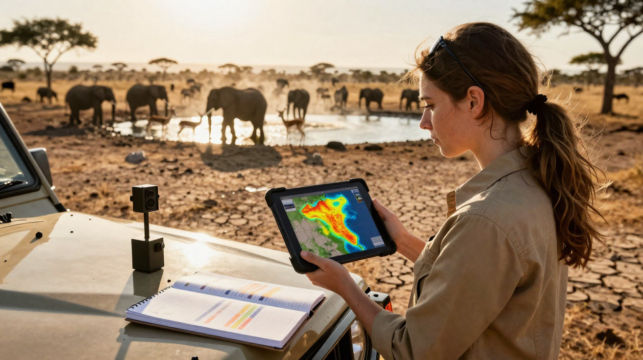 Mulher analisa dados climáticos em tablet perto de elefantes em savana ao pôr do sol.