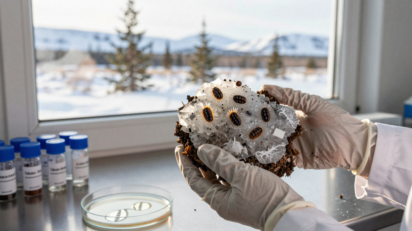 Mãos com luvas seguram ninho com besouros em laboratório com vista para paisagem nevada.