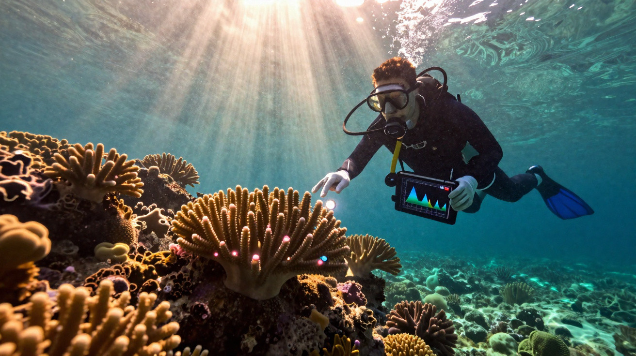 Mergulhador com equipamento de pesquisa observa corais iluminados pela luz solar no oceano.