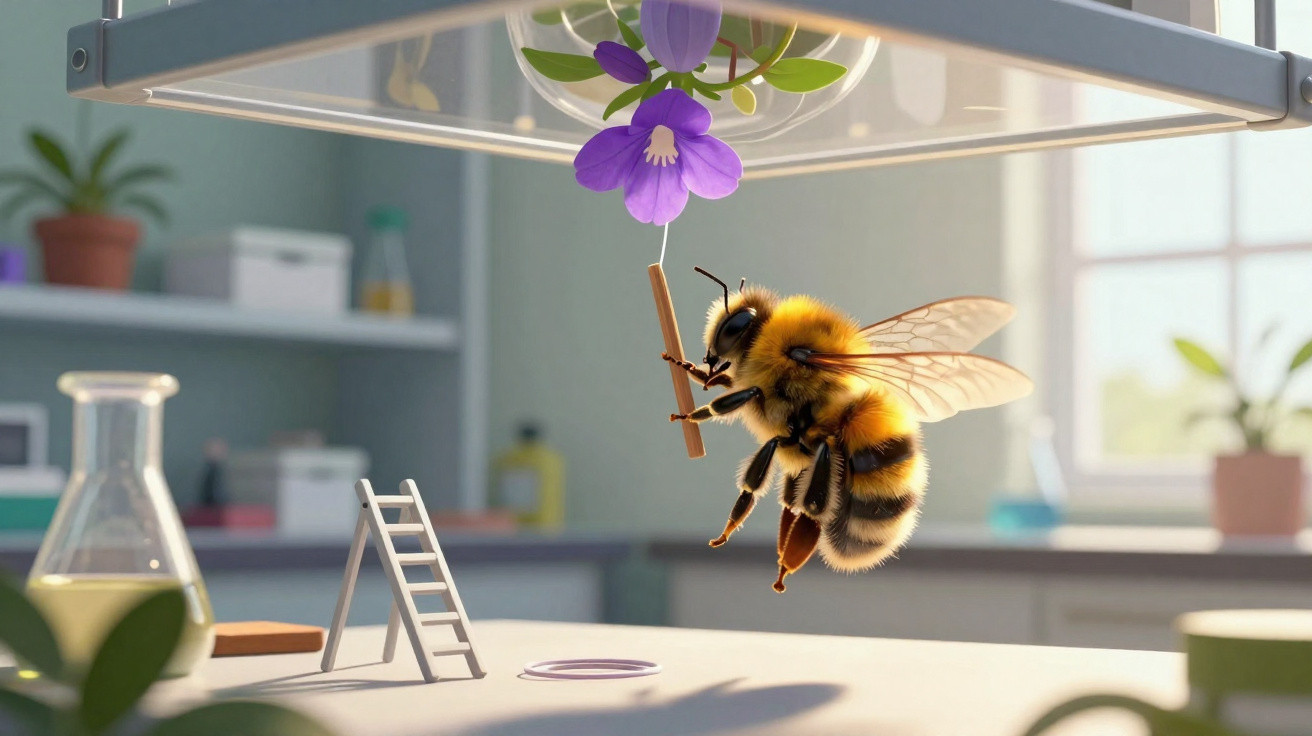 Abelha voando em laboratório, segurando um pequeno bastão pendurado em flor roxa sob luz branca.